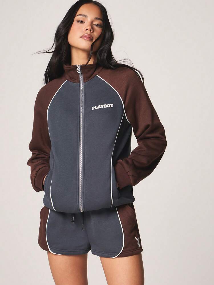 Missguided x Playboy Color Block Panelled Zip Through Sweatshirt With Funnel Neck And Long Sleeves For Casual Streetwear