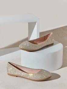 SHUZIA Bailarinas cómodas con puntera redonda y rhinestones para mujer - Champán - Ver 4