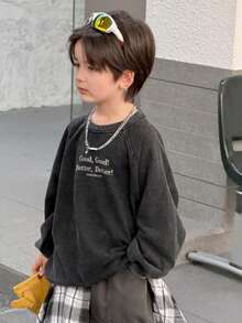 DAZY 幼儿男童休闲宽松字母印花做旧圆领长袖卫衣，秋季款 - 黑色 - 查看 5