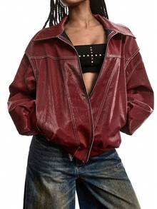 LYSMO 秋冬季宽松翻领纯色拉链休闲长袖PU皮夹克 - 紅色 - 查看 1