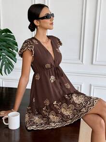 SHEIN Frenchy Women's Deep V-Neck Short Sleeve Tie-Waist Vintage Ruffle Hem Short Dress Brown Summer Dress Brown Dress Women Brown Sundress Coffee Brown Dress Embroidered Brown Dress Spring Outfit Women Spring Dress For Women - Brown - View 5