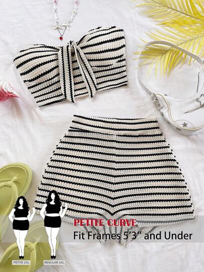 SHEIN PETITE CURVE Plus Size Casual Striped Tube Top And Shorts 2 Pieces Set,  Summer Holiday Outfits