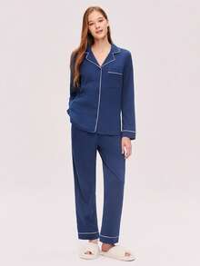 LUVLETTE Soft 100% Pure Cotton Contrast Trim Basic Button-Up Top & Pants Loungewear Pajama Set Pyjama - Navy Blue - View 10