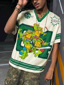 TEENAGE MUTANT NINJA TURTLES | SHEIN Men Casual Loose Knit Colorblock Sporty Graphic V-Neck Short Sleeve T-Shirt - Apricot - View 5