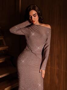 Modelyn Elegant Glitter Sequin Dress For Women,Maroon Autumn Evening Midi Dress,Long Sleeve Tight Fit Luxury Party Brown Dress - Brown - View 3