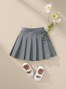 Souflis Souflis 1pc Baby Girl Pleated Skirt, Children's Woven Comfortable Skirt With Bow Waistband And Button Design, Adding Fashionable And Sweet Style, Elastic Waist And Loose Fit, Suitable For Autumn Occasions Like Vacation And Daily Wear - Grey - View 1