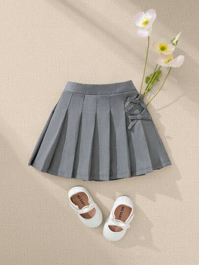 Souflis Souflis 1pc Baby Girl Pleated Skirt, Children's Woven Comfortable Skirt With Bow Waistband And Button Design, Adding Fashionable And Sweet Style, Elastic Waist And Loose Fit, Suitable For Autumn Occasions Like Vacation And Daily Wear