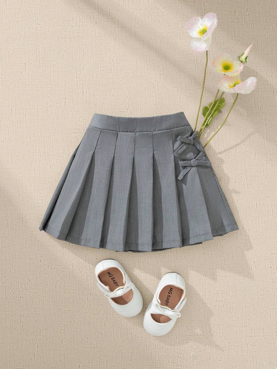 Souflis Souflis 1pc Baby Girl Pleated Skirt, Children's Woven Comfortable Skirt With Bow Waistband And Button Design, Adding Fashionable And Sweet Style, Elastic Waist And Loose Fit, Suitable For Autumn Occasions Like Vacation And Daily Wear - Grey - View 1