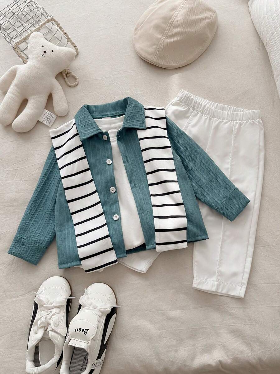 SHEIN Baby Boy Spring And Autumn Casual Multi-Functional Comfortable Striped Shawl, Lapel Long-Sleeved Shirt And Straight-Leg Trousers Three Pieces Set - Dark Green - View 1