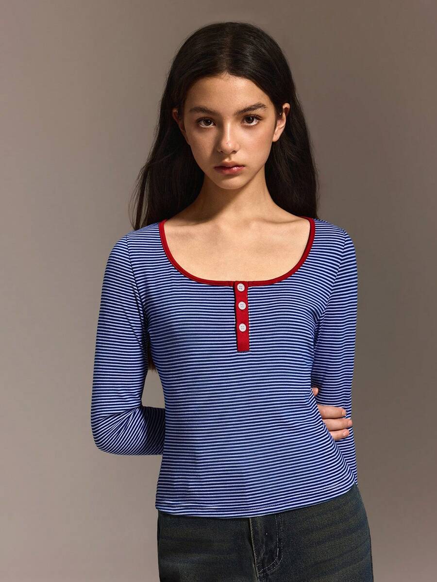 Áo khoác cardigan cổ tròn kẻ sọc tay dài dành cho nữ tuổi teen, phong cách thường ngày, đa năng, thích hợp cho mùa thu/đông. - Nhiều màu - Xem 1