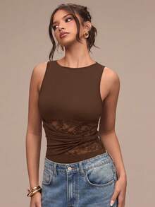 SHEIN BAE Women's Summer Casual Commuting Minimalist Solid Color Patchwork Sheer Lace Ruched Twist Bodysuit - Brown - View 7
