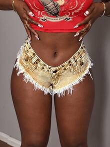 Slaydiva 女士毛边修身低腰铆钉牛仔短裤，夏季 - 淺色水洗藍 - 查看 5