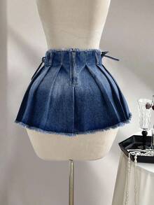 Elamini 女士时尚日常水洗毛边褶皱牛仔迷你裙，夏季 - 深色水洗藍 - 查看 2