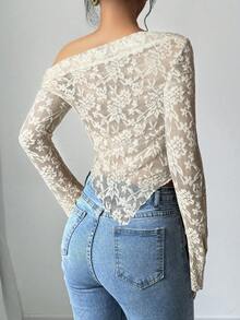 Firerie Women's Elegant Jacquard Asymmetrical Ruffle Collar Fitted T-Shirt, Suitable For Spring, Summer, Autumn - White - View 2