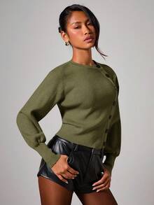 COSMINA Women's Elegant Asymmetric Button-Up Cardigan, Autumn/Winter, Green Sweater, Olive Green Tops, Army Green Top Women, Green Cardigan Women , Cardigan Cropped - Green - View 4
