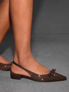 CUCCOO SZL أحذية مسطحة أنيقة وعصرية للنساء مزينة بفيونكة من الراين - قهوة بني - مشاهدة 9