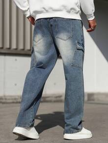 Manfinity Homme 秋冬休闲水洗蓝色复古修身直筒工装口袋褶皱牛仔裤 - 藍色 - 查看 2