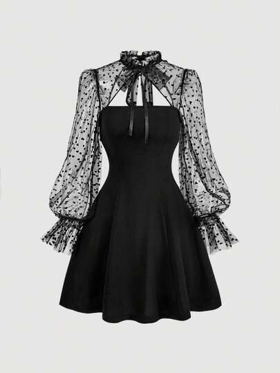 SHEIN MOD 撞色网纱喇叭袖系带高领长袖连衣裙，蝴蝶结连衣裙