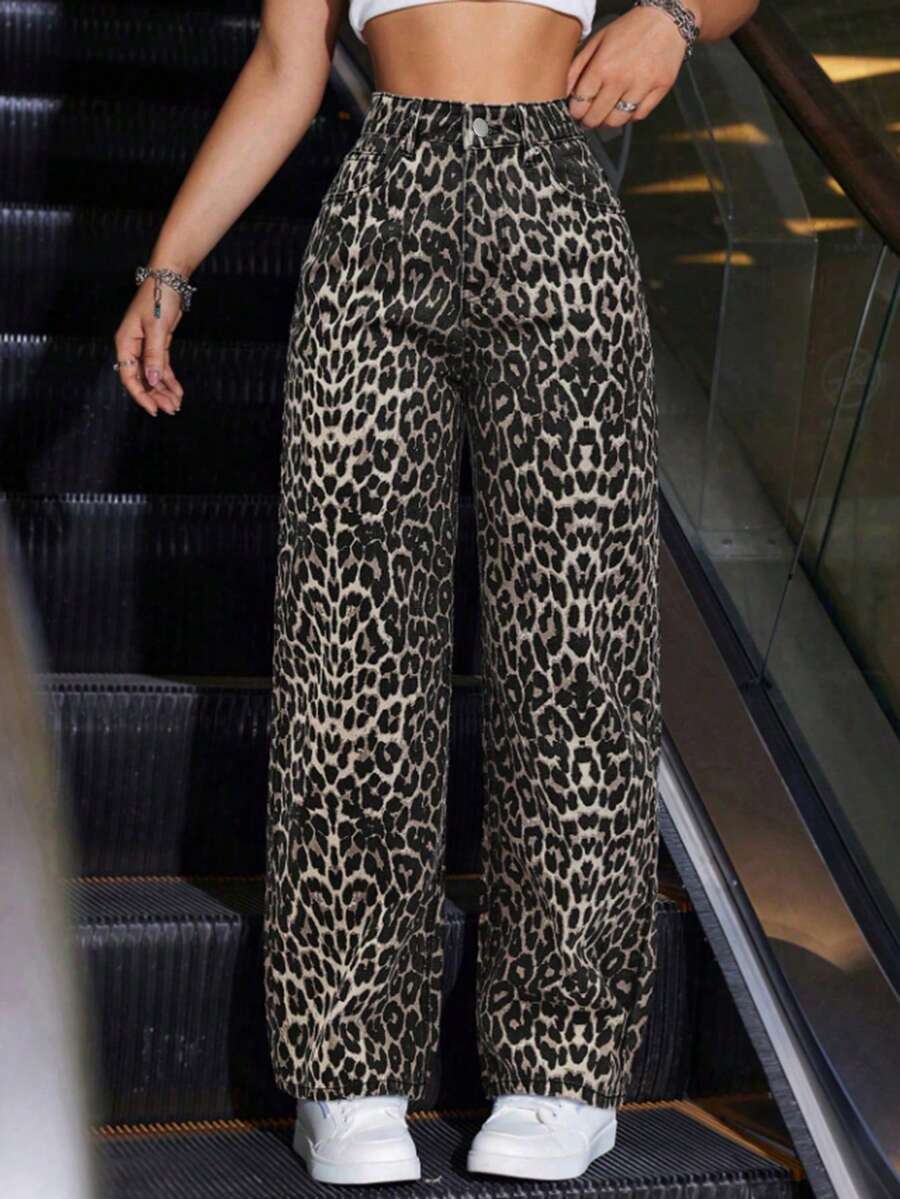 SHEIN ICON 大码女式休闲时尚街头风日常通勤豹纹高腰宽松直筒牛仔裤 - 黑色 - 查看 1
