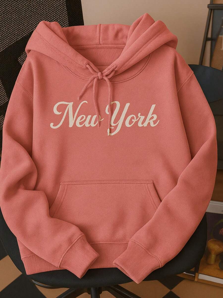 Nes Sport Sudadera informal de manga larga con capucha y bordado de Nueva York para mujer, con cordón y bolsillo, para fiestas - Salmón - Ver 1