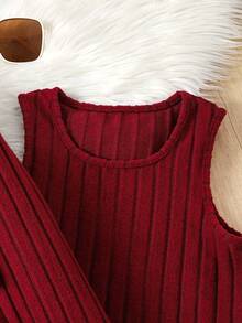Conjunto de vestido y chaqueta de camiseta acanalada de unicolor para niñas preadolescentes - Rosa Roja - Ver 3
