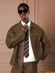 SUMWON Men Raw Denim Jacket With Loop Fastener Contrast Stitch Regular Fit Workwear Inspired Outerwear Fall Winter Fashion - Brown - View 5