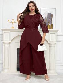 Reflora 大码纯色圆领插肩袖收腰蕾丝拼接优雅连体裤 - 酒紅色 - 查看 5