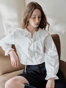 Aveloria Modichic French Retro Peter Pan Collar Tie Long Sleeve Blouse - White - View 2
