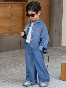 SHEIN Bộ 2 chiếc áo sơ mi dài tay ve denim màu xám cho bé trai và quần ống rộng - Rửa nhẹ - Xem 5