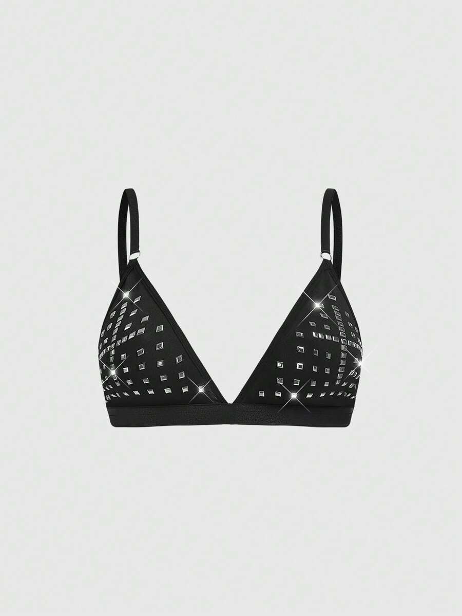 ROMWE Gothic Cross Studded Triangle Bralette - Black - View 1
