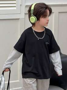 DAZY Young Boy Letter Print 2 In 1 Striped Casual T-Shirt - Black - View 1