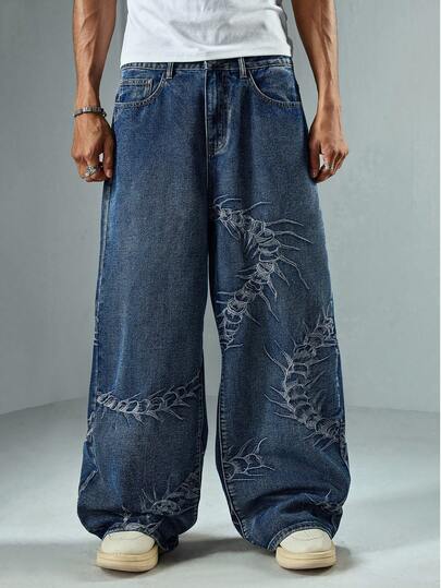 Street Life Jeans casual larghi e versatili da uomo con ricamo di uno scorpione sulla tasca