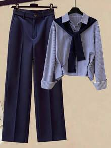 Franclia 通勤简约衬衫领长袖条纹腰部宽松休闲女式衬衫 蓝色条纹衬衫系带衬衫商务休闲女式衬衫领结衬衫蝴蝶结衬衫商务休闲女式衬衫航海风女式学院风女式法式水手风女式衬衫