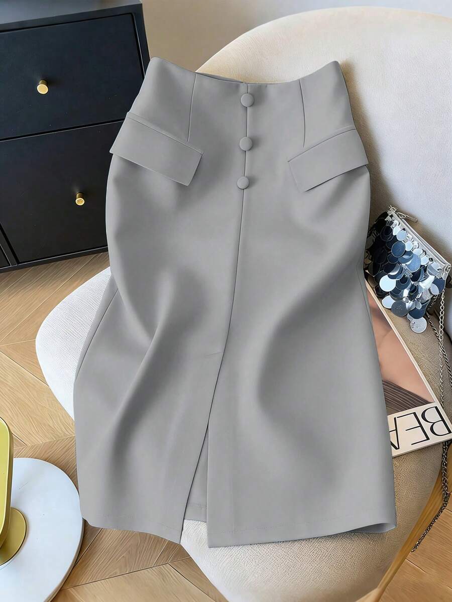 GlowEve 女士纯色拼接设计休闲百搭度假半身裙 - 灰色 - 查看 1