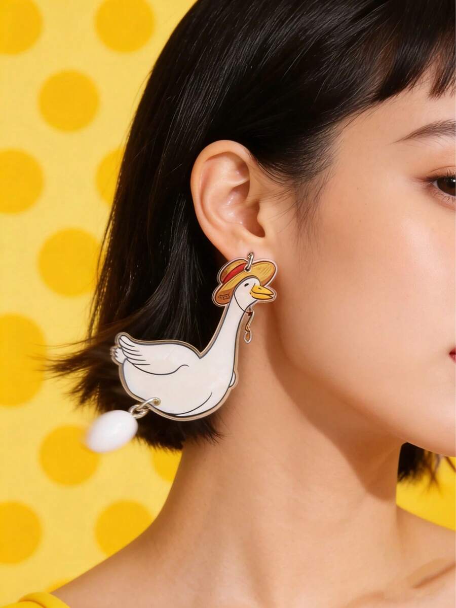 Joivida New Straw Hat Goose Acrylic Earrings & Hen Laying Eggs Acrylic Earrings Fun Cartoon Niche Design Versatile Ear Dangles - Multicolor - View 1