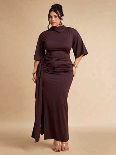 SHEIN BAE Plus Size Solid Color Stand Collar Drop Shoulder Mid-Sleeve Cinched Waist Long Dress,Christmas , New Year Outfit,Casual,Plus  Size  Formal,Elegant ,Thanksgiving Day,Casual Dresses For Women,Beach,Christmas Party Dress,Wedding Dresses, Birthday Party Dresses, Cocktail Dresses,Curve,Brown  Dress