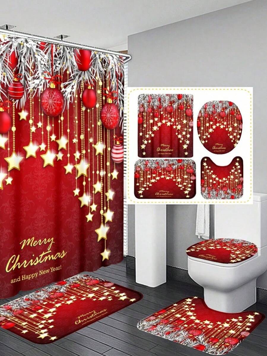 Bộ 4 món trang trí phòng tắm đa năng chủ đề Giáng sinh gồm rèm tắm, 12 móc treo, thảm chống trượt, thảm chữ U và nắp bồn cầu tròn, bộ phụ kiện phòng tắm phù hợp cho mọi không gian. - Nhiều màu - Xem 1