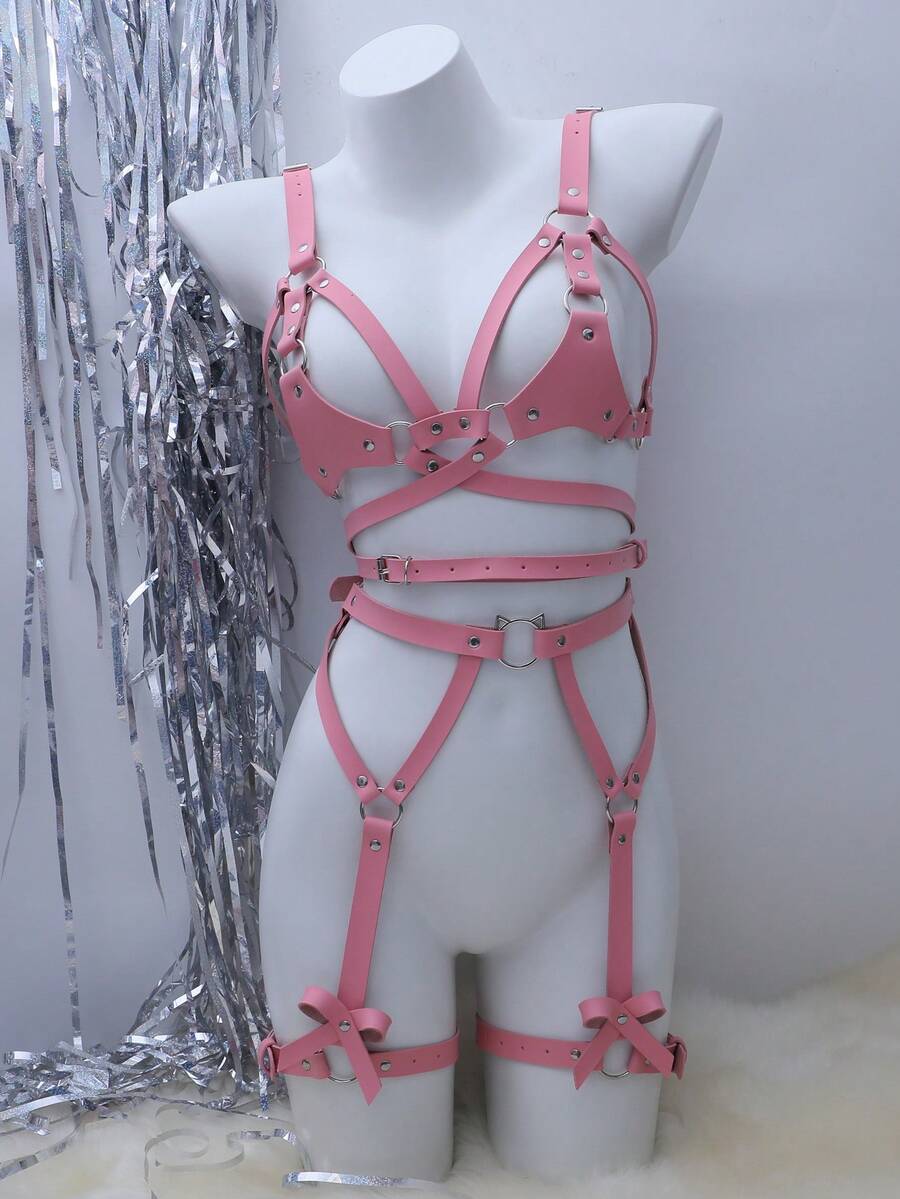 SHEIN 2pcs Sexy Lingerie Set With Leather Decor, Valentine's Day - Pink - View 1