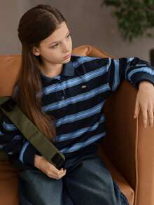 DAZY 少女针织条纹高领长袖T恤，秋冬季 - 藍色 - 查看 1