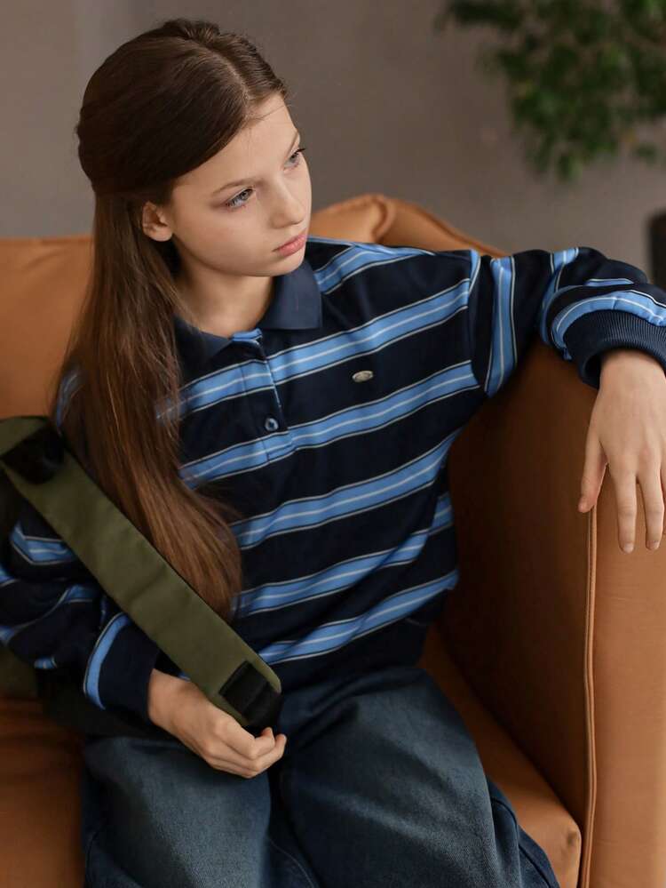 Tween Girls Knitted Striped Turtleneck Long Sleeve T-Shirt, Fall Spring