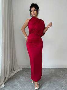 Elenzga Women's Elegant Burgundy Ruched Collar Sleeveless Fitted Flared Dress, Spring/Summer - Burgundy - View 8