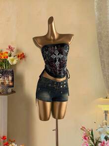 Attitoon Áo crop top buộc dây rút phía trước cho nữ - màu đen - Xem 5