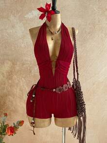 Soleia Bộ đồ liền thân hở lưng dệt kim họa tiết màu trắng dành cho nữ có viền tròn trang trí, thanh lịch cho Halloween, Giáng sinh, kỳ nghỉ, gợi cảm - Màu Đỏ Sâu - Xem 3