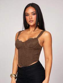 Silquee Women's All Black All-Match Tight Patchwork Lace Bra Gorgeous Top With Curved Hem Floral Lace Corset Top, Suitable For Spring Break, Beach Vacation, Night Out, Girls' Gathering, Beach Party, Pool Party, Holiday, Casual Party, Cabin Retreat, Daily Wear - Brown - View 5