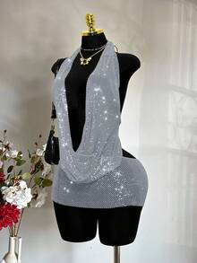 EgrlEra Women's Deep V Neck Sequin Fishnet Dress, Rhinestone Embellished Sparkling, Suitable For Bar Party, Carnival, Club Outfit Sequin Top Sparkle Top - Light Grey - View 3