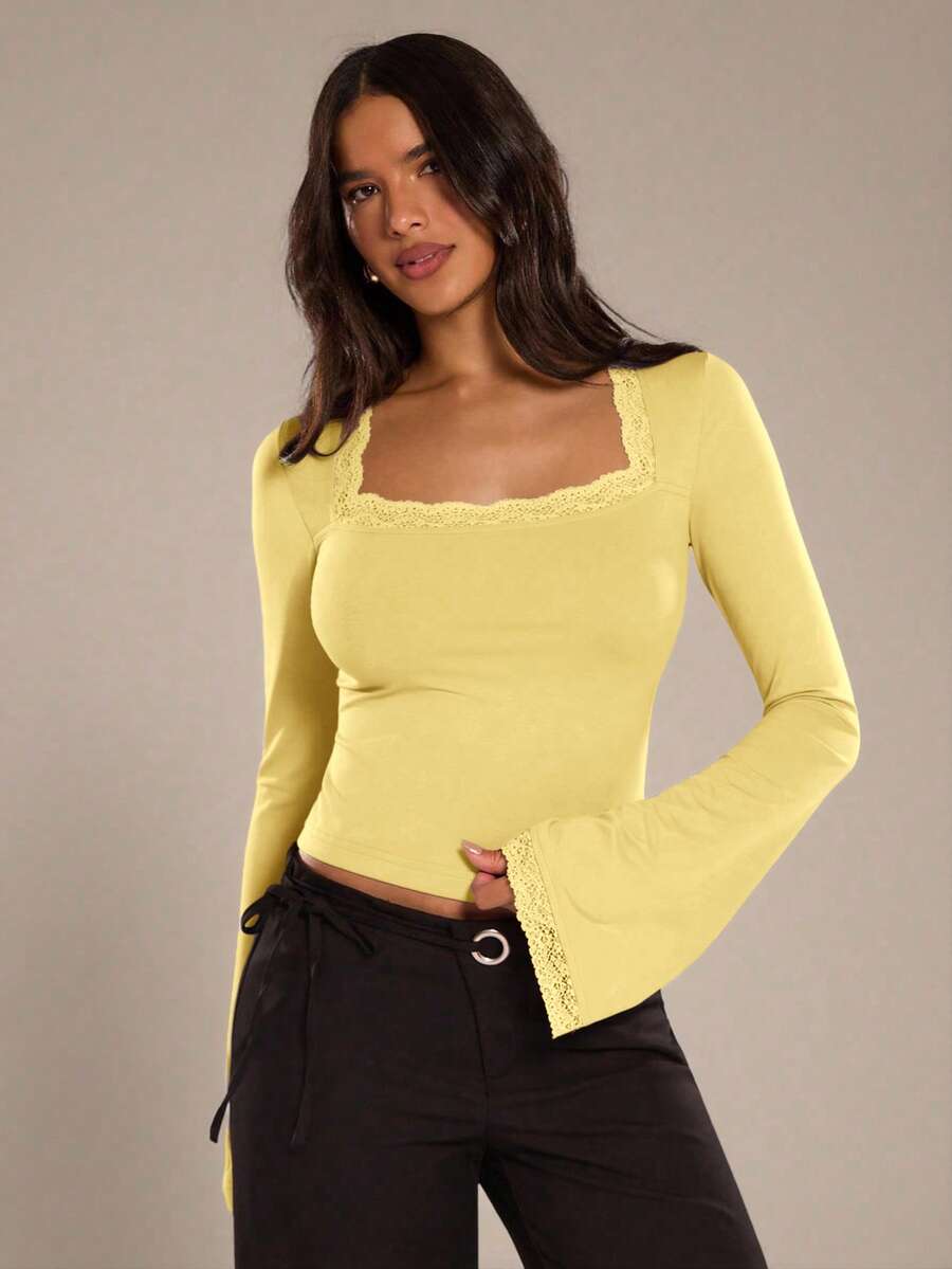 SHEIN BAE Women's Casual Solid Color Contrast Lace Flare Sleeve T-Shirt, Autumn - Yellow - View 1