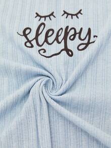 EURMUSE Women Casual Cotton Rib Knit Letter Print Drop Shoulder Short Sleeve Top And Pants Pajama Lounge Set - Blue - View 7