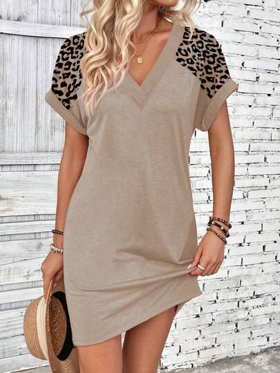 EMERY ROSE New Fashion Casual Dress For Women, Front Panel Leopard Print V-Neck Dress