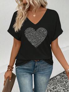 EMERY ROSE Fashionable Casual New V-Neck Turnover Cuff Black Base White Polka Dot Heart Print Women T-Shirt - Black - View 5