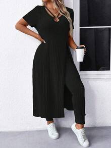 Elenzga 2pcs/Set Plus Size Women's Elastic Knit Ribbed Long Sleeve Top And Leggings, Hollow-Out Design With Metal Decor, Versatile For Commuting And Daily Wear - Black - View 4